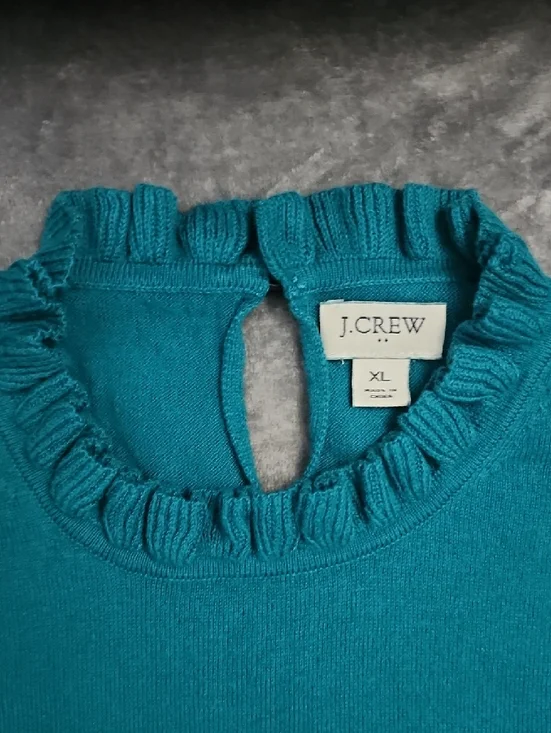 Women's Teal Ruffle-Neck Crewneck Sweater - Picture 3 of 7